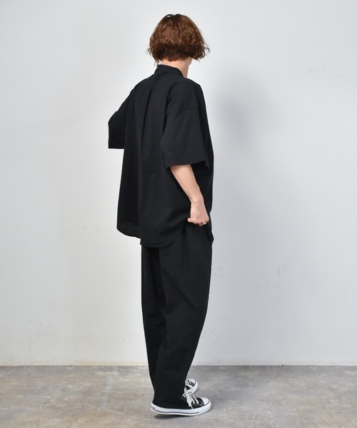 セール】フレンチリネン使用 綿麻ストレッチ 半袖 バンドカラーシャツ