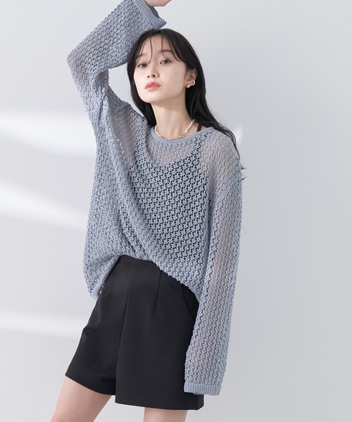 earth music&ecology（アースミュージックアンドエコロジー）の「メッシュ編みニットプルオーバー（ニット/セーター・レディース・グレイッシュブルー/ブラック/アイボリー/ライラック・FREE）」の3枚目の写真