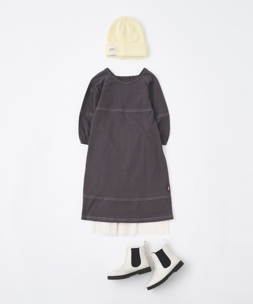 CIAOPANIC TYPY(チャオパニックティピー)の「■【KIDS】USAコットン配色ステッチワンピース(ワンピース・キッズ・グリーン/チャコールグレー/ベージュ系その他・S/L/M/XL/XXL)」の4枚目の写真