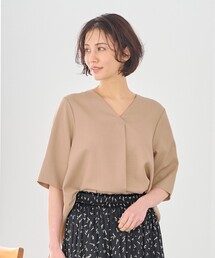 【接触冷感・速乾・UVケア・撥水・防シワ・XSサイズあり】リネンライクツィル5分袖 ブラウス
