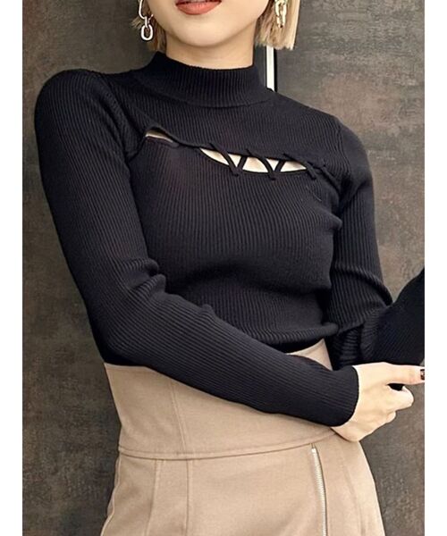 MURUA（ムルーア）の「レースアップリブニット（ニット/セーター・レディース・ブラック/ブルー/グリーン/アイボリー・FREE）」の3枚目の写真