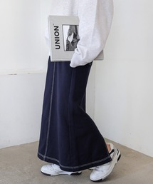 配色ステッチ裏毛コットンロングスカート