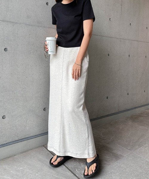 配色ステッチ裏毛コットンロングスカート（スカート）｜andme