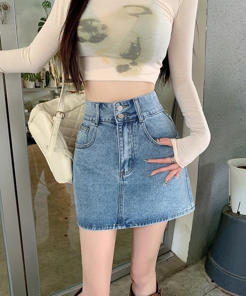 セール】ツーボタンハートデニムミニスカート（デニムスカート）｜by