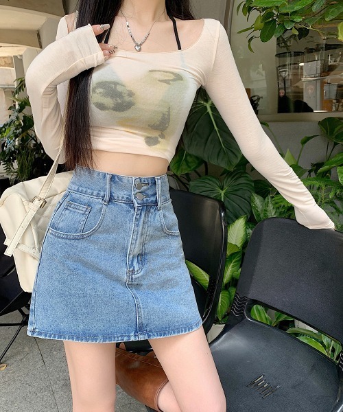 セール】ツーボタンハートデニムミニスカート（デニムスカート）｜by