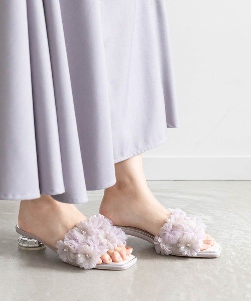 RANDA/ランダ/チュールフリルクリアヒールサンダル Mサイズ　ピンク ランダ RANDA チュールフリルクリアヒールサンダル （PINK） -靴