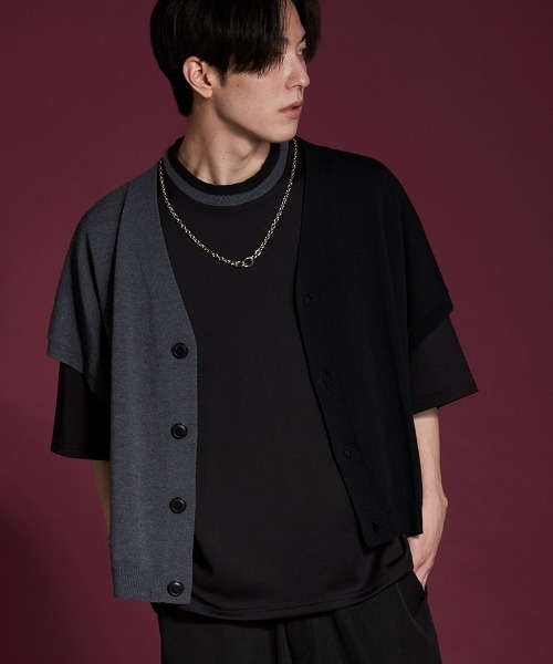 NO ID.(ノーアイディ)の「mcg3458-レイヤードニットベスト(ニット/セーター・メンズ・パープル/カーキ/ブラック・ONE SIZE)」の2枚目の写真
