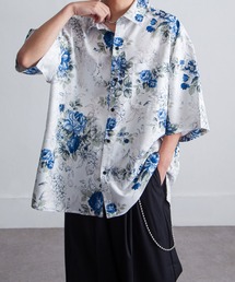 オーバーサイズ花柄ドレープ 半袖 シャツ/オーバーサイズ フラワーデザインレギュラーカラーシャツ 柄シャツ