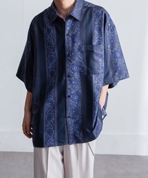 オーバーサイズ花柄ドレープ 半袖 シャツ/オーバーサイズ フラワーデザインレギュラーカラーシャツ 柄シャツ