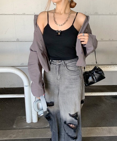 non-hedge（ノンヘッジ）の「リボンモチーフリブキャミソール（キャミソール・レディース・オフホワイト/グレー/ブラック・FREE）」の12枚目の写真