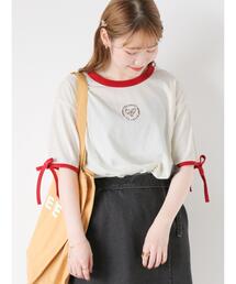 ehka sopo | 袖リボンワンポイント刺繍リンガーT(Tシャツ/カットソー)
