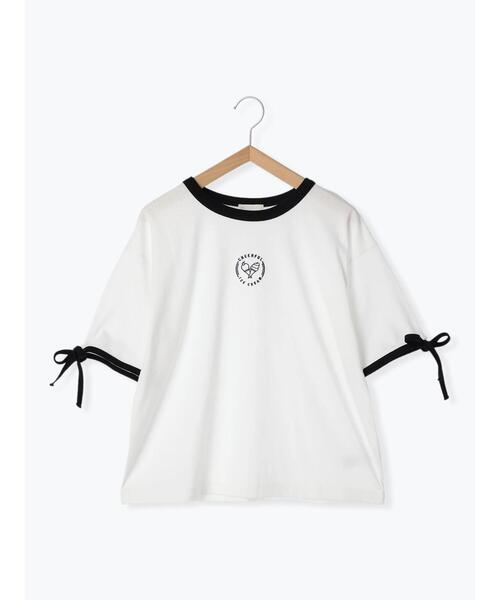 ehka sopo(エヘカソポ)の「袖リボンワンポイント刺繍リンガーT(Tシャツ/カットソー・レディース・オフホワイト/ブラック/サックスブルー/キナリ・F)」の16枚目の写真