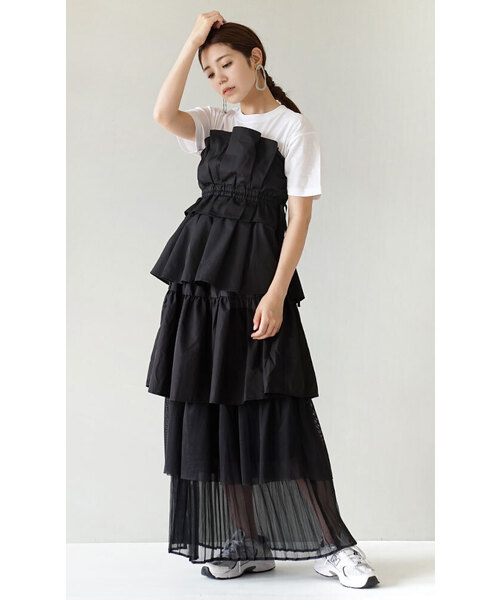 e-zakkamania stores(イーザッカマニアストアーズ)の「異素材ミックス フリルティアードスカート(スカート・レディース・カーキ/ブラック・M)」の12枚目の写真