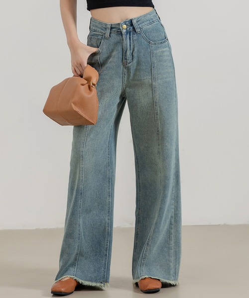 セール】レディース ヴィンテージライクセンターラインフリンジデニム