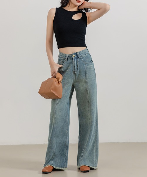 DAY CLOSET(デイ クローゼット)の「レディース ヴィンテージライクセンターラインフリンジデニムパンツ(デニムパンツ・レディース・ブルー・M/S/XL/L)」の5枚目の写真