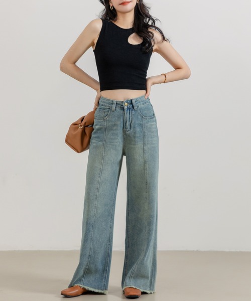 セール】レディース ヴィンテージライクセンターラインフリンジデニム