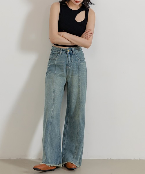 DAY CLOSET(デイ クローゼット)の「レディース ヴィンテージライクセンターラインフリンジデニムパンツ(デニムパンツ・レディース・ブルー・M/S/XL/L)」の9枚目の写真