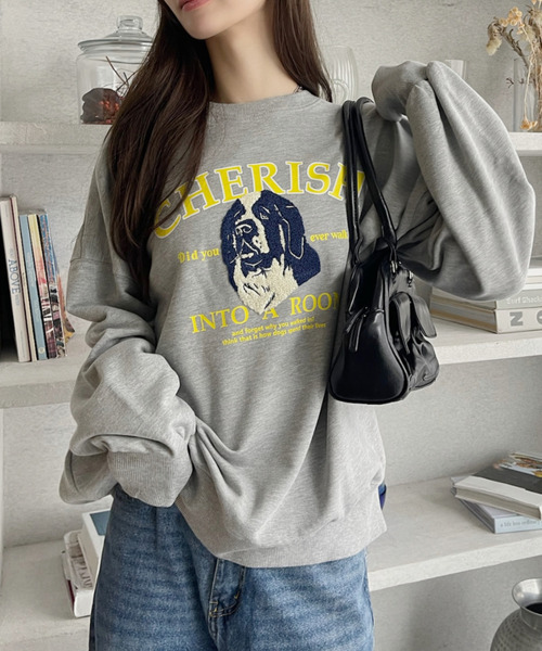 Eclat one（エクラワン）の「【Eclat one】サガラ刺繍 ドッグ カレッジロゴデザイン 裏毛スウェット（スウェット・レディース・グレー/ダークグリーン/ブラック/バーガンディー・FREE）」の22枚目の写真