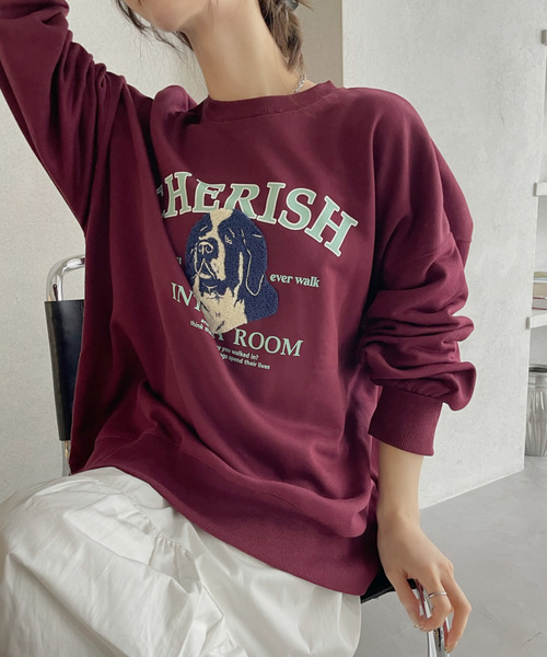 Eclat one（エクラワン）の「【Eclat one】サガラ刺繍 ドッグ カレッジロゴデザイン 裏毛スウェット（スウェット・レディース・グレー/ダークグリーン/ブラック/バーガンディー・FREE）」の16枚目の写真