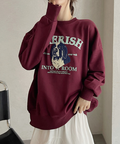 Eclat one（エクラワン）の「【Eclat one】サガラ刺繍 ドッグ カレッジロゴデザイン 裏毛スウェット（スウェット・レディース・グレー/ダークグリーン/ブラック/バーガンディー・FREE）」の17枚目の写真