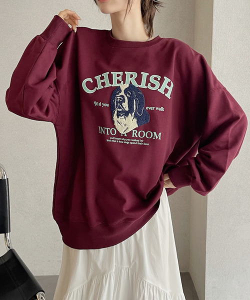 Eclat one（エクラワン）の「【Eclat one】サガラ刺繍 ドッグ カレッジロゴデザイン 裏毛スウェット（スウェット・レディース・グレー/ダークグリーン/ブラック/バーガンディー・FREE）」の18枚目の写真