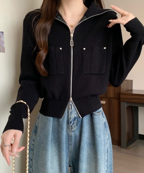 セール】ポケットデザインジップアップニットジャケット（カーディガン