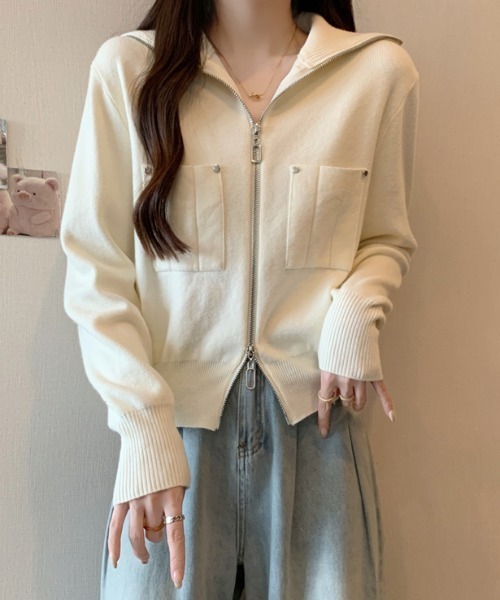 セール】ポケットデザインジップアップニットジャケット（カーディガン