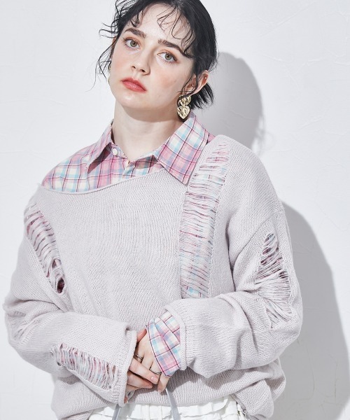 TTOL(トール)の「ダメージルーズニットトップス(ニット/セーター・レディース・グレー/ブラック・M~L/L~LL)」の1枚目の写真