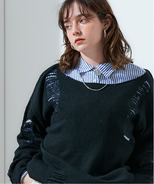 TTOL(トール)の「ダメージルーズニットトップス(ニット/セーター・レディース・グレー/ブラック・M~L/L~LL)」の2枚目の写真