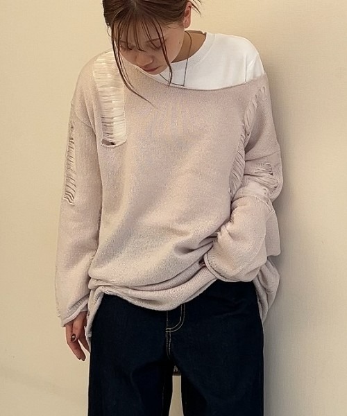 TTOL(トール)の「ダメージルーズニットトップス(ニット/セーター・レディース・グレー/ブラック・M~L/L~LL)」の17枚目の写真