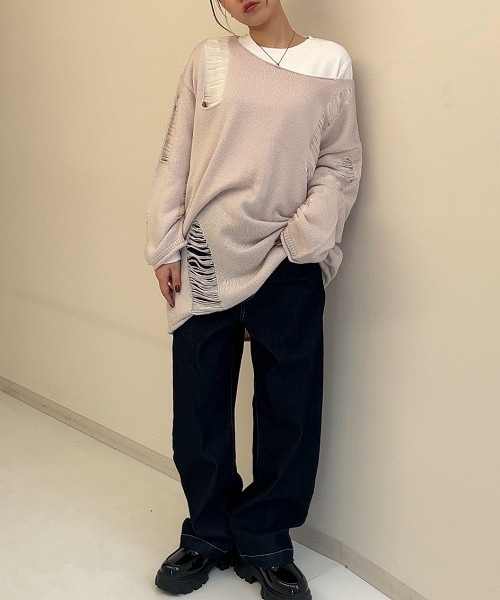 TTOL(トール)の「ダメージルーズニットトップス(ニット/セーター・レディース・グレー/ブラック・M~L/L~LL)」の18枚目の写真