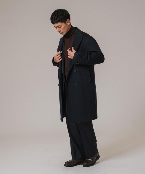 【良品】ダブルチェスターコート　カシミヤ　PIACENZA　ネイビー　185 良品】ダブルチェスターコート カシミヤ PIACENZA ネイビー 185