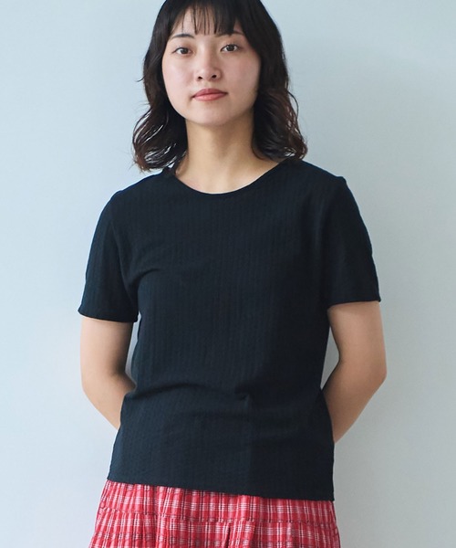 bulle de savon（ビュルデサボン）の「●強撚針抜ジャカード 半袖プルオーバー（Tシャツ/カットソー・レディース・サックスブルー/ブラック/ホワイト・FREE）」の5枚目の写真