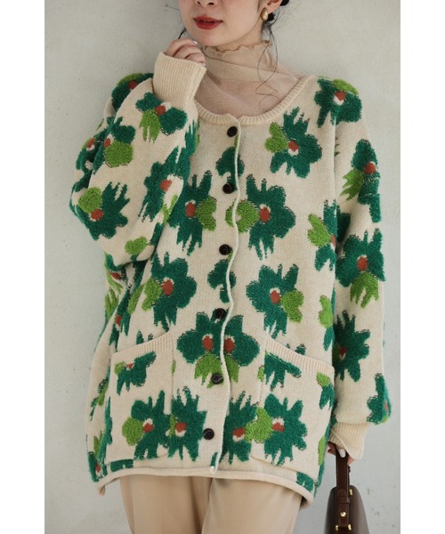 暖かさに包まれる浮かぶ花柄ブランケットカーディガン（カーディガン  