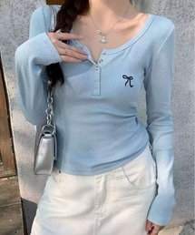 リボン 刺繍 ヘンリーネック ロング Tシャツ