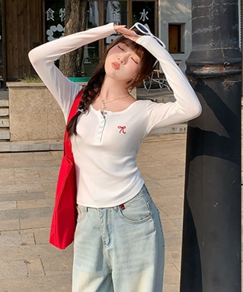 kirakiraShop(キラキラショップ)の「リボン 刺繍 ヘンリーネック ロング Tシャツ(Tシャツ/カットソー・レディース・ホワイト/ブルー/グリーン/杢グレー/クリーム/ブラック・FREE)」の12枚目の写真