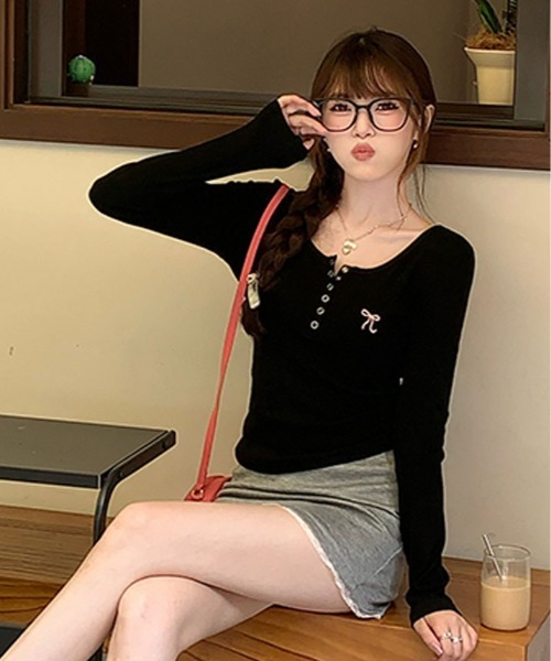 kirakiraShop(キラキラショップ)の「リボン 刺繍 ヘンリーネック ロング Tシャツ(Tシャツ/カットソー・レディース・ホワイト/ブルー/グリーン/杢グレー/クリーム/ブラック・FREE)」の20枚目の写真
