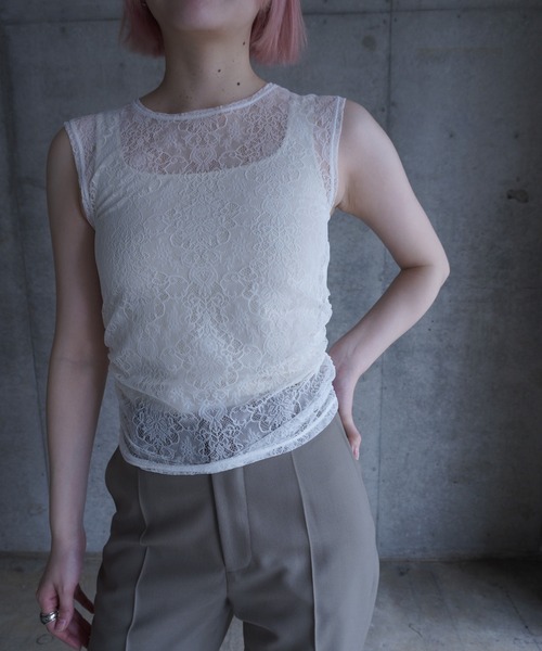 G.V.G.V.（ジーヴィージーヴィー）の「STRETCH LACE SLEEVELESS TOP（Tシャツ/カットソー・レディース・ホワイト/ブラック・ONE SIZE）」の2枚目の写真