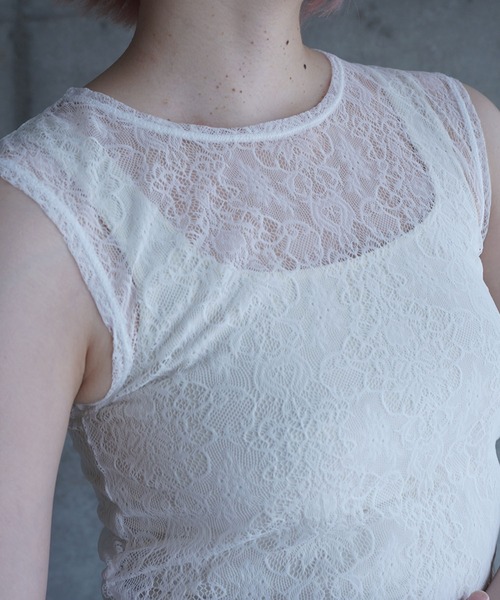 G.V.G.V.（ジーヴィージーヴィー）の「STRETCH LACE SLEEVELESS TOP（Tシャツ/カットソー・レディース・ホワイト/ブラック・ONE SIZE）」の4枚目の写真