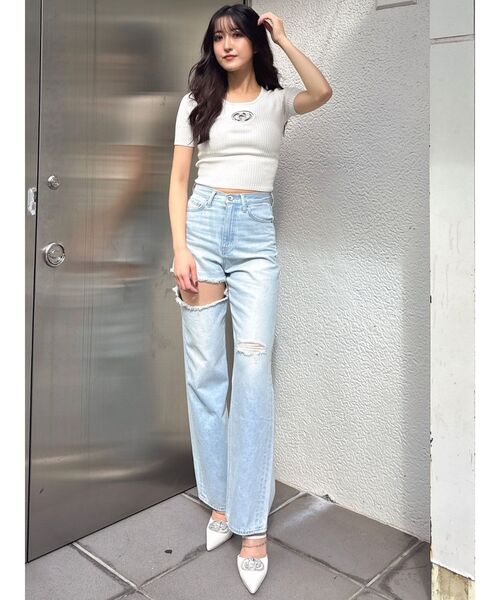 GYDA（ジェイダ）の「ハイウエストSIDE RIPPEDストレートワイドデニムパンツ（デニムパンツ・レディース・ブルー/ライトブルー・MEDIUM/SMALL/X-SMALL）」の5枚目の写真