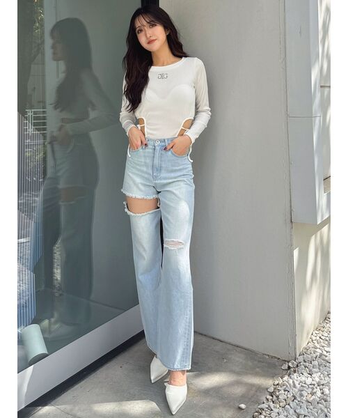 GYDA（ジェイダ）の「ハイウエストSIDE RIPPEDストレートワイドデニムパンツ（デニムパンツ・レディース・ブルー/ライトブルー・MEDIUM/SMALL/X-SMALL）」の7枚目の写真