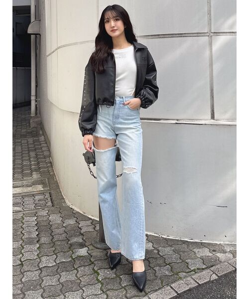 GYDA（ジェイダ）の「ハイウエストSIDE RIPPEDストレートワイドデニムパンツ（デニムパンツ・レディース・ブルー/ライトブルー・MEDIUM/SMALL/X-SMALL）」の12枚目の写真