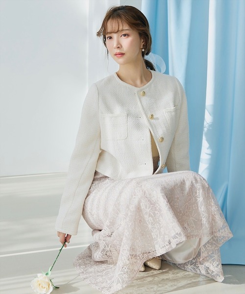 SWINGLE（スウィングル）の「パウダリーラメツイードブレードノーカラージャケット（ノーカラージャケット・レディース・アイボリー/ベージュ/ブラック・SMALL/MEDIUM）」の8枚目の写真