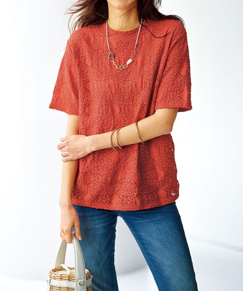 セール】ストレッチレース調ハイネックプルオーバー（Tシャツ