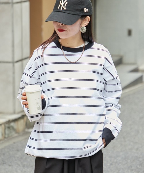 CIAOPANIC TYPY（チャオパニックティピー）の「【ユニセックス】ビックシルエットアソートボーダーTシャツ（Tシャツ/カットソー・メンズ・ブラック/グリーン/ブラウン/ホワイト・MEDIUM/LARGE）」の2枚目の写真