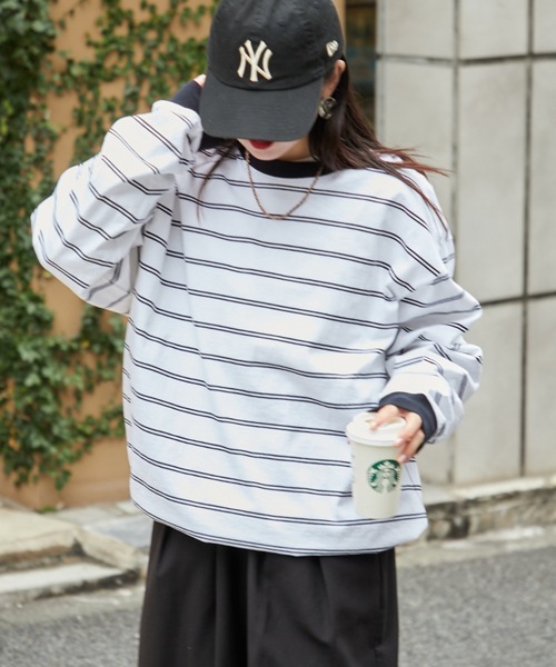 CIAOPANIC TYPY（チャオパニックティピー）の「【ユニセックス】ビックシルエットアソートボーダーTシャツ（Tシャツ/カットソー・メンズ・ブラック/グリーン/ブラウン/ホワイト・MEDIUM/LARGE）」の19枚目の写真