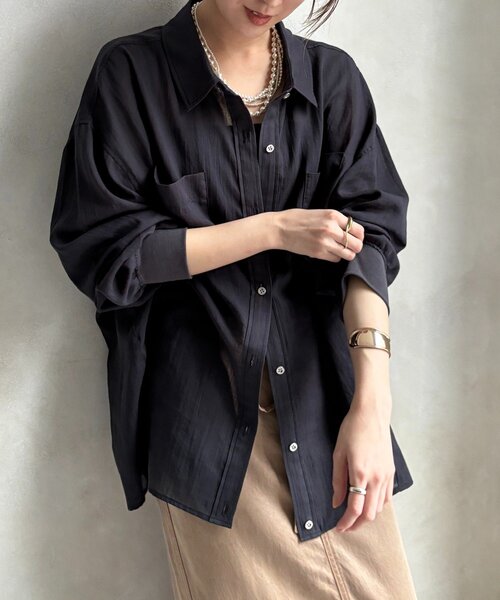 DouDou（ドゥドゥ）の「袖リブシアーデニムシャツ（シャツ/ブラウス・レディース・ブルー/サックスブルー/ブラック/ブルー系その他/ピンク/チャコールグレー・FREE）」の3枚目の写真