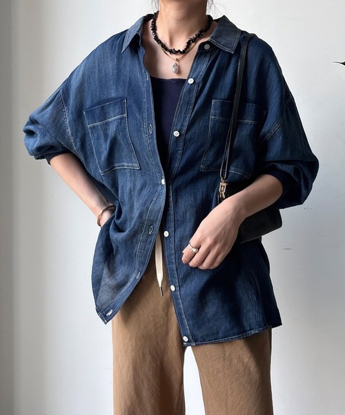 DouDou（ドゥドゥ）の「袖リブシアーデニムシャツ（シャツ/ブラウス・レディース・ブルー/サックスブルー/ブラック/ブルー系その他/ピンク/チャコールグレー・FREE）」の8枚目の写真