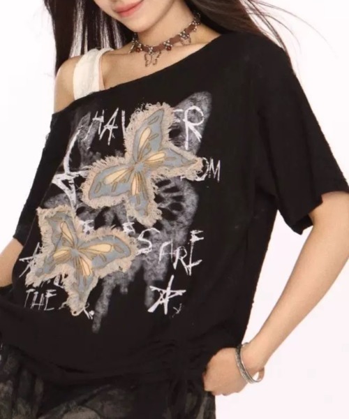 Sibra(シブラ)の「バタフライ刺繍Tシャツ(Tシャツ/カットソー・レディース・グレー/ベージュ/ブラック・M)」の9枚目の写真