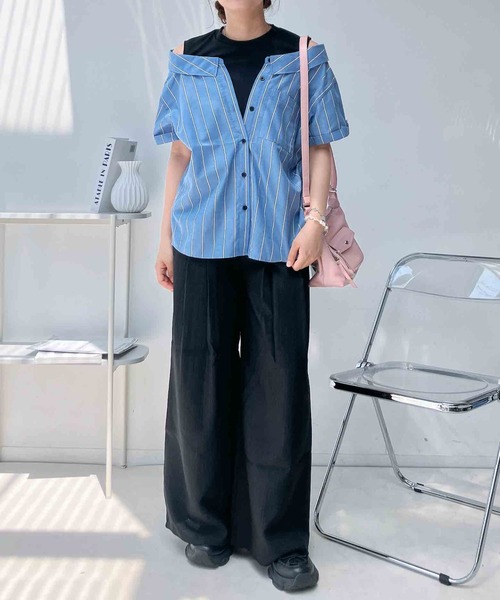 AS KNOW AS plus(アズノゥアズプラス)の「●2WAYドッキング半袖シアーシャツ(シャツ/ブラウス・レディース・オフホワイト/アイボリー系/ブルー系/イエロー系/カーキ/ピンク系/ネイビー系/ブラック系/ブルー系1・FREE)」の19枚目の写真